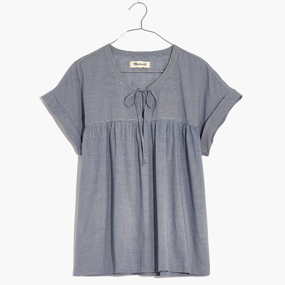 Madewell Tie-Front Popover Top in Mini Gingham Check Blue Size XL